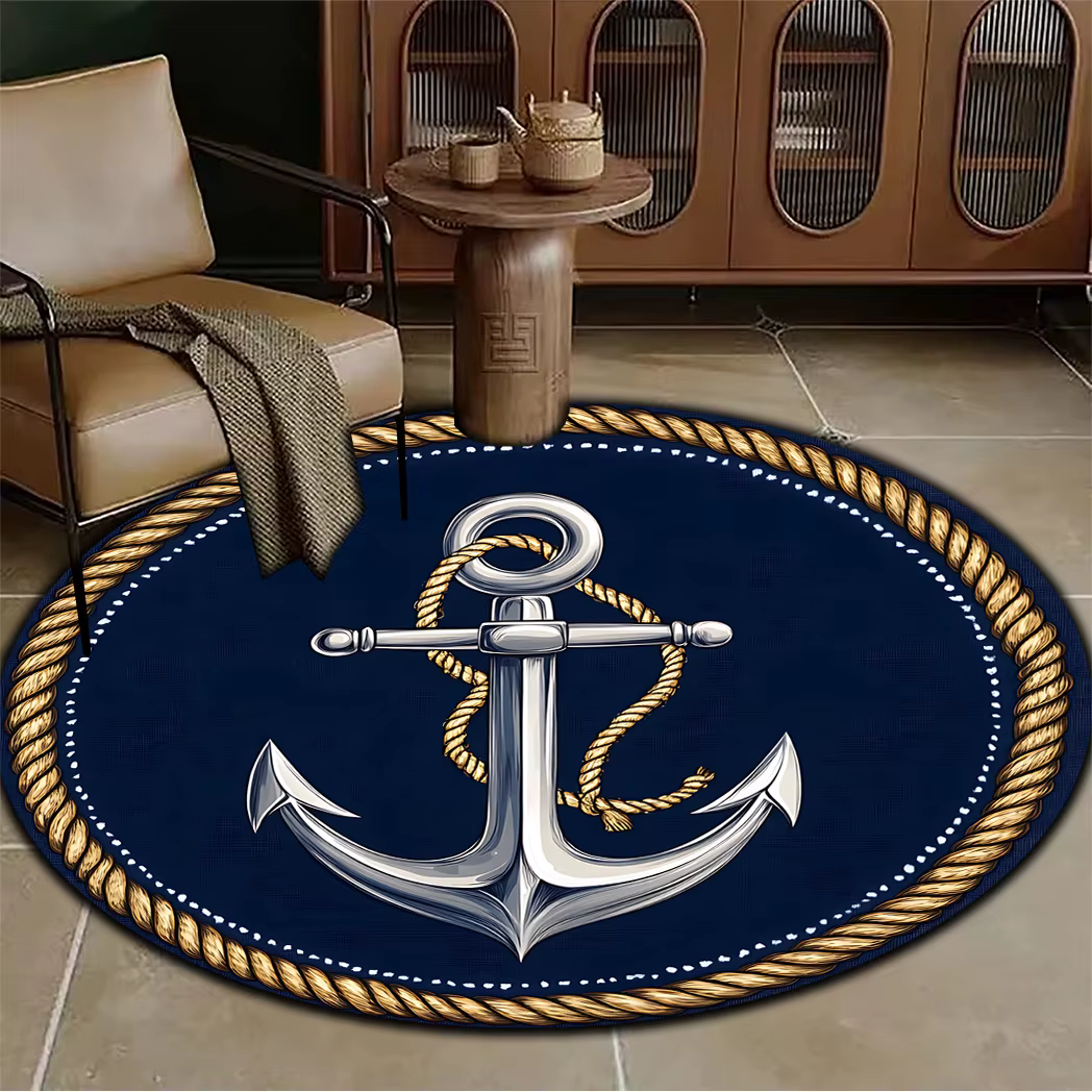 Tapis rond à motif d'ancre et de corde bleu marine