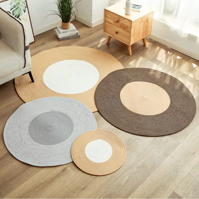Tapis rond en rotin de jute tissé à la main avec pompon