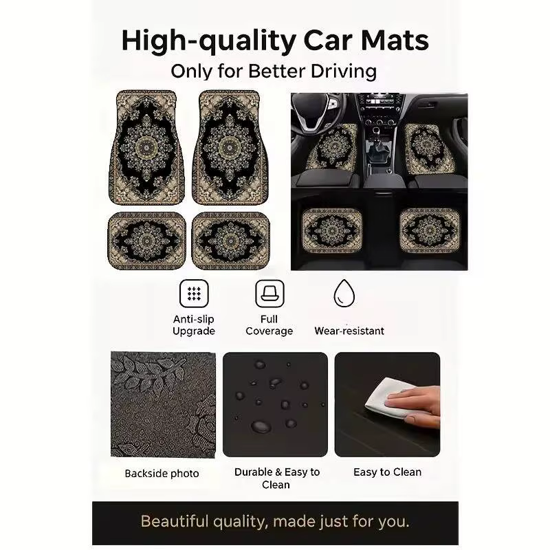 Tapis de sol de voiture style persan noir beige, 4 pièces, motif rétro, tapis antidérapants pour auto