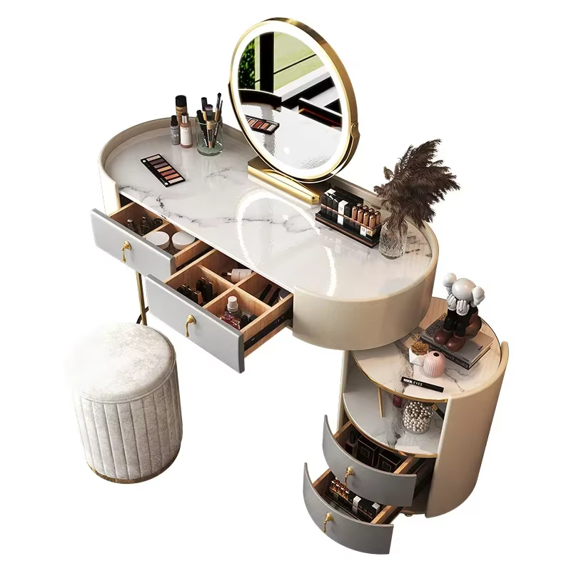 Grande coiffeuse d'angle moderne avec rangement, tiroirs de maquillage, console de luxe pour bijoux, mobilier de chambre à coucher