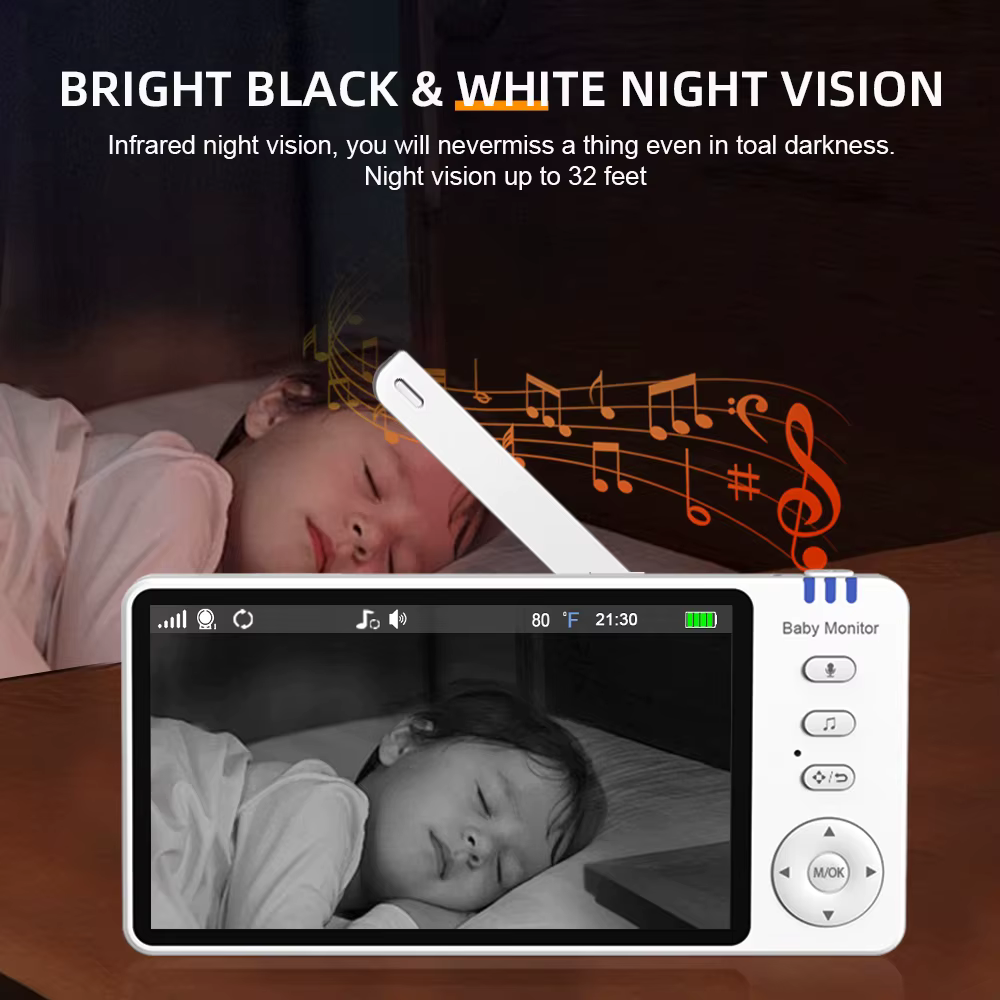 Moniteur bébé 5,0'' avec caméra inclinable et orientable, zoom 4x, audio bidirectionnel, vision nocturne, VOX, température, 8 berceuses, caméra vidéo pour nounou