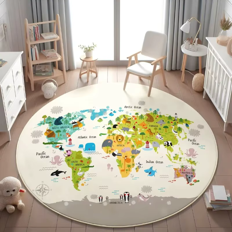Tapis de sol rond imprimé carte du monde animalier