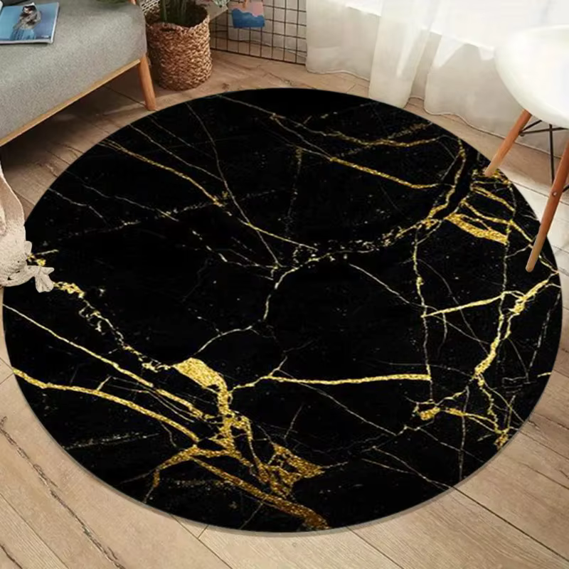 Tapis rond luxueux en marbre noir et or