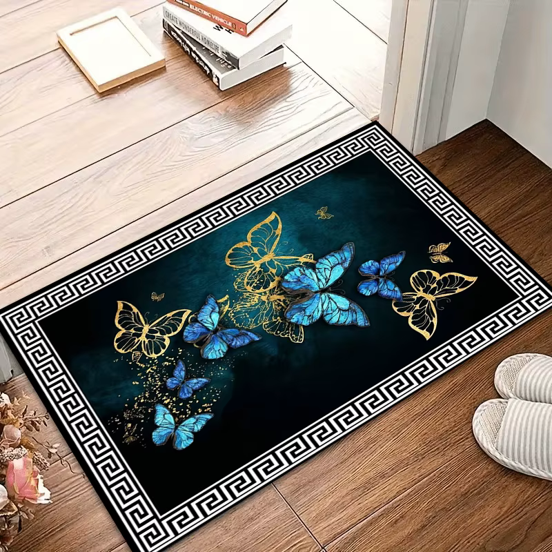 Tapis de salon bleu sarcelle et doré à motifs papillon grecs