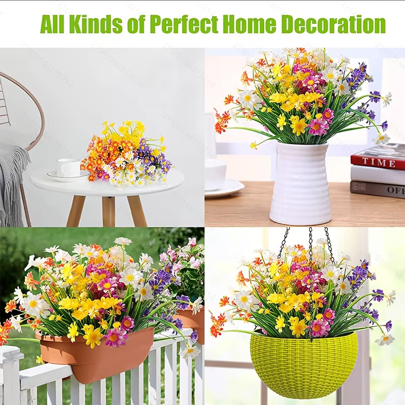 Fleurs artificielles de marguerites résistantes aux UV pour extérieur, 2 bouquets de fausses feuilles vertes, plantes artificielles, arbustes en plastique pour jardinières