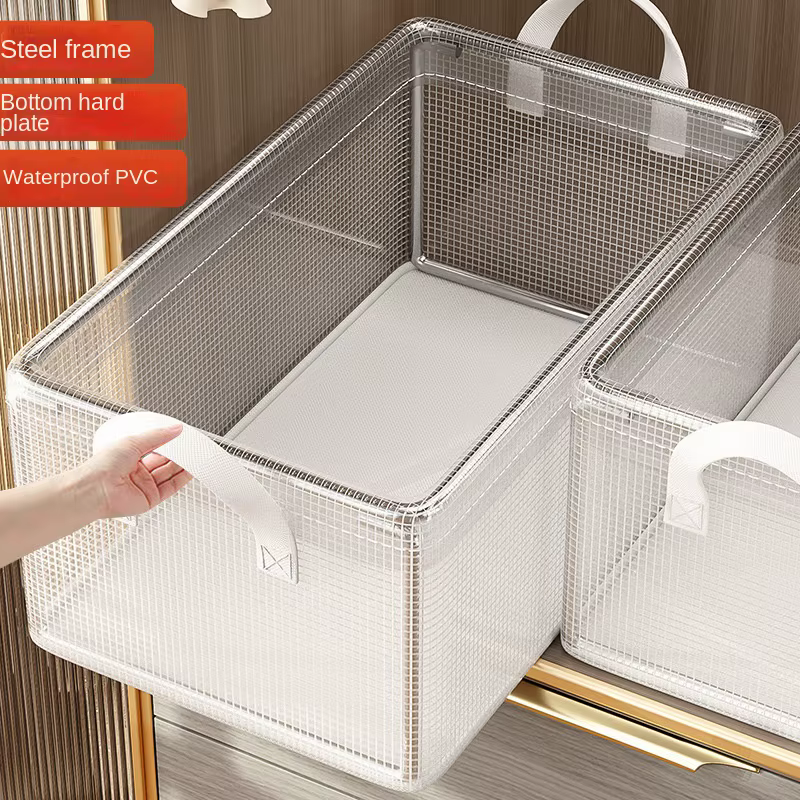 Boîte de rangement transparente en PVC avec cadre en acier, panier organisateur de sous-vêtements étanche pour l'organisation de la maison, du dortoir et du placard