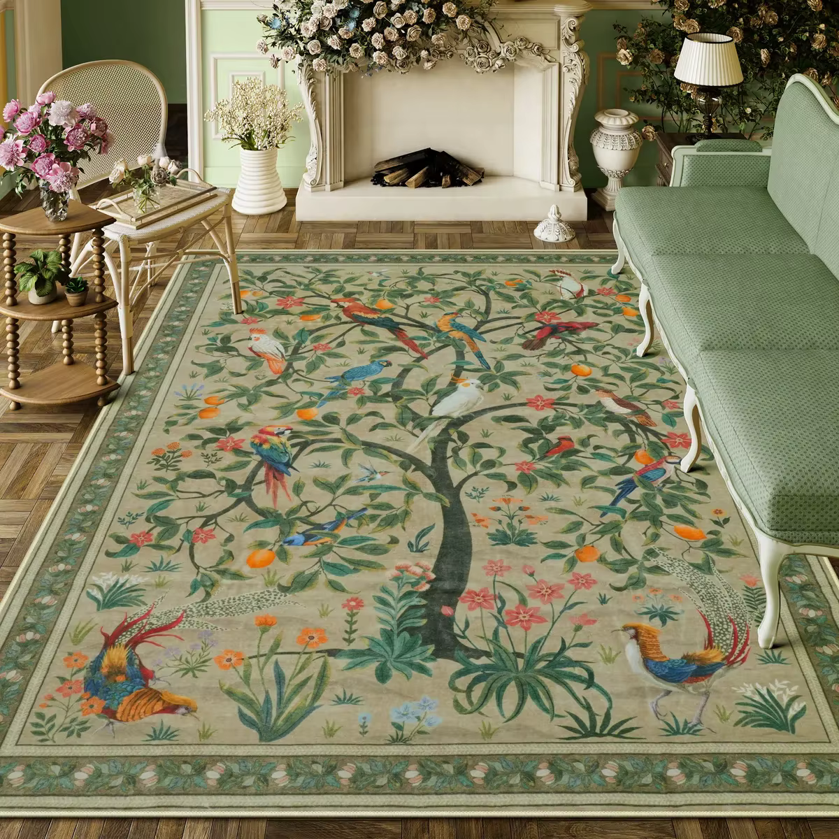 Tapis vert Olive Maximalist Jungle Bird pour salon