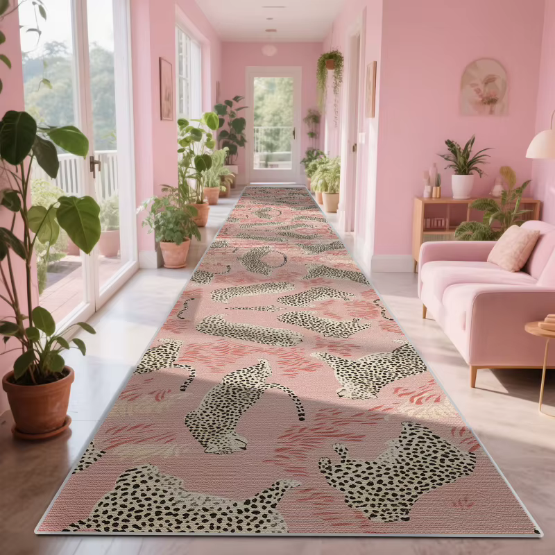 VIKAMA Tapis long rose à imprimé léopard pour hall d'entrée de luxe français