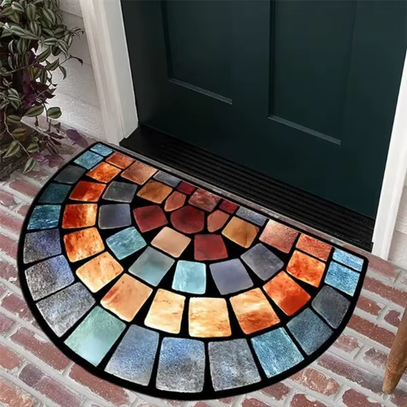 Tapis d'entrée semi-circulaire en mosaïque de vitrail