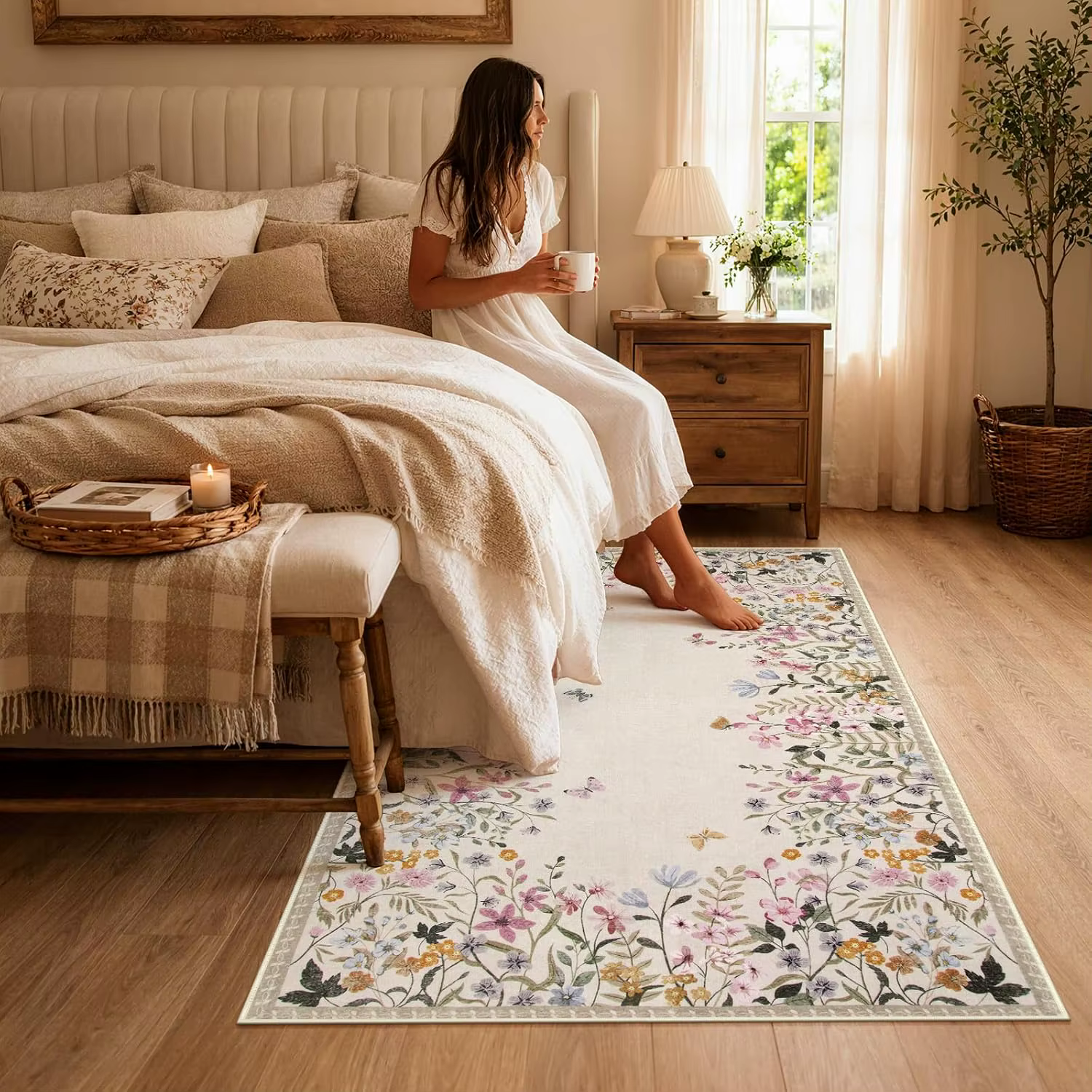 Tapis floral beige, tapis lavable antidérapant pour salon, chambre à coucher, décoration d'intérieur botanique polyvalente