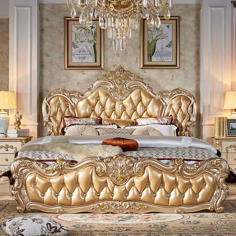 Ensemble de lit double de luxe européen doré, design pour chambre, petit lit double de luxe pour la maison, matelas en bois pour adultes, meubles pour la maison, lit