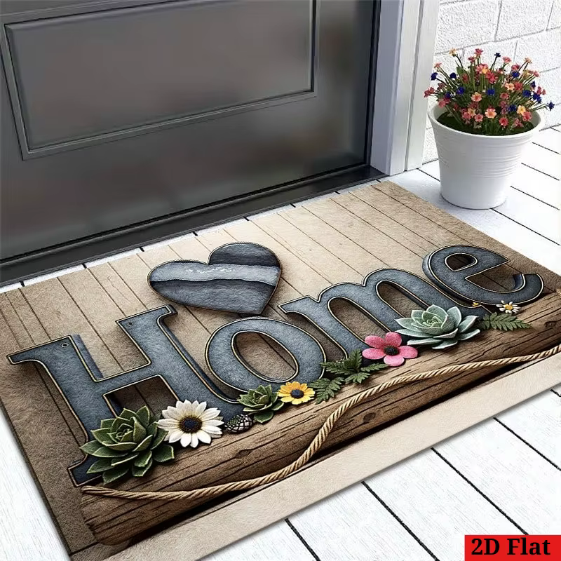 Paillasson rustique « Home » – Style bois avec cœur et fleurs pour entrée intérieure/extérieure et décoration de jardin