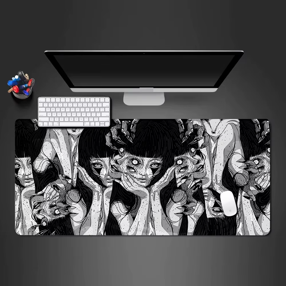 Tapis de souris noir et blanc, tapis de bureau HD mignon, tapis de clavier de jeu arc-en-ciel, grand média Gamer, collage Junji Ito, souris Anime Horror Sub