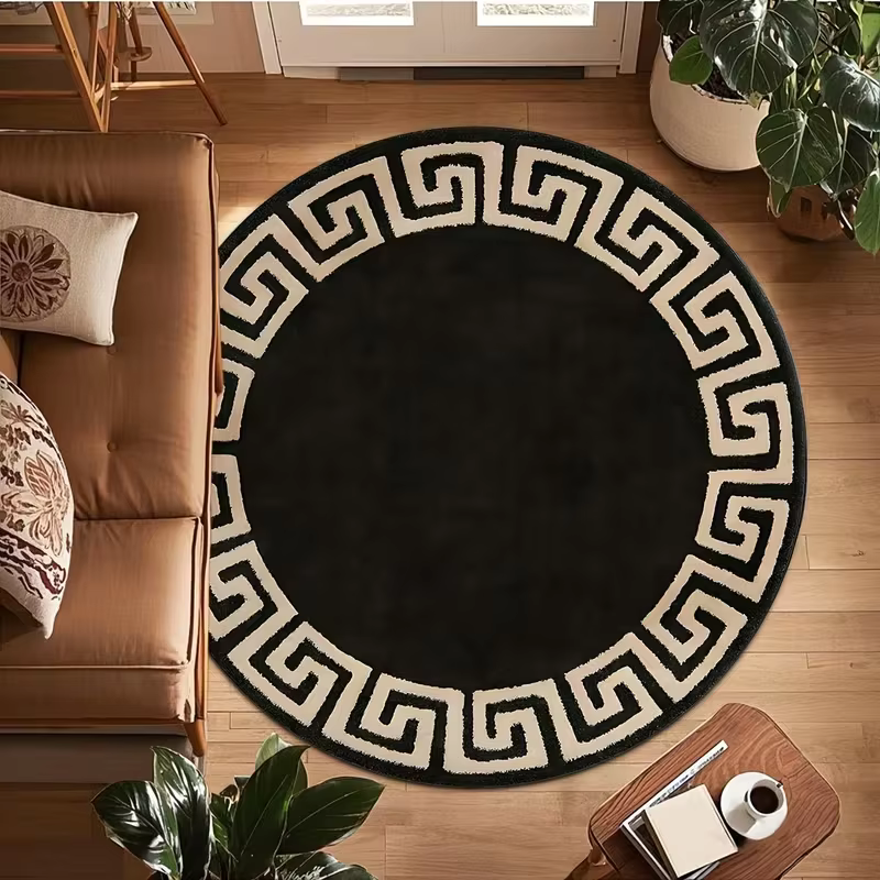 Tapis rond noir clé grecque pour salon