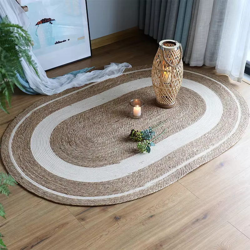 Tapis ovale en jute tressé, style bohème naturel, avec rayures blanches, lavable et antidérapant, pour salon et chambre.