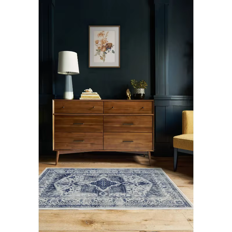 Tapis d'intérieur vintage Lea bleu lavable