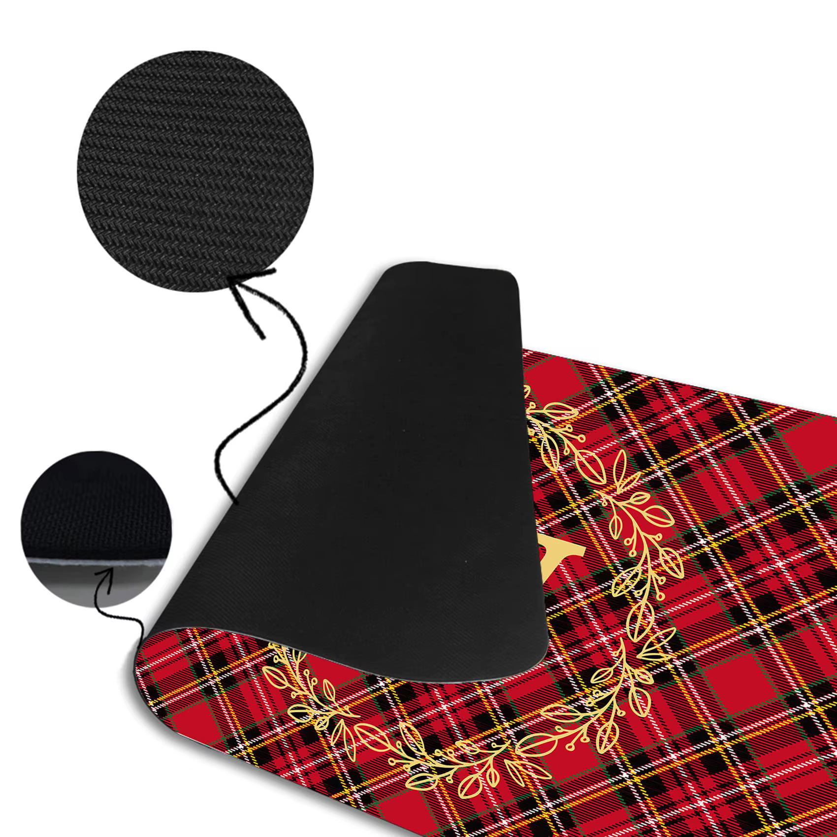 Tapis de porte personnalisé en Tartan de noël, nom de famille personnalisé, couronne de feuilles initiales, paillasson d'entrée, support en caoutchouc, antidérapant