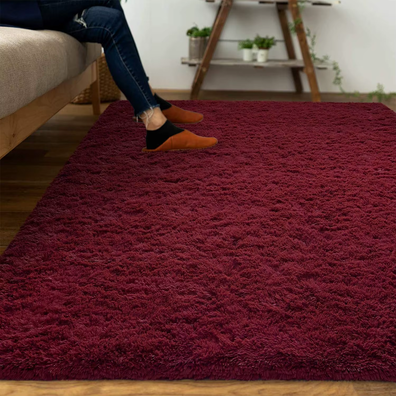 Tapis Shaggy super doux, tapis moelleux, zone rouge bordeaux, salon, chambre à coucher, chambre d'enfant, décoration d'intérieur, antidérapant