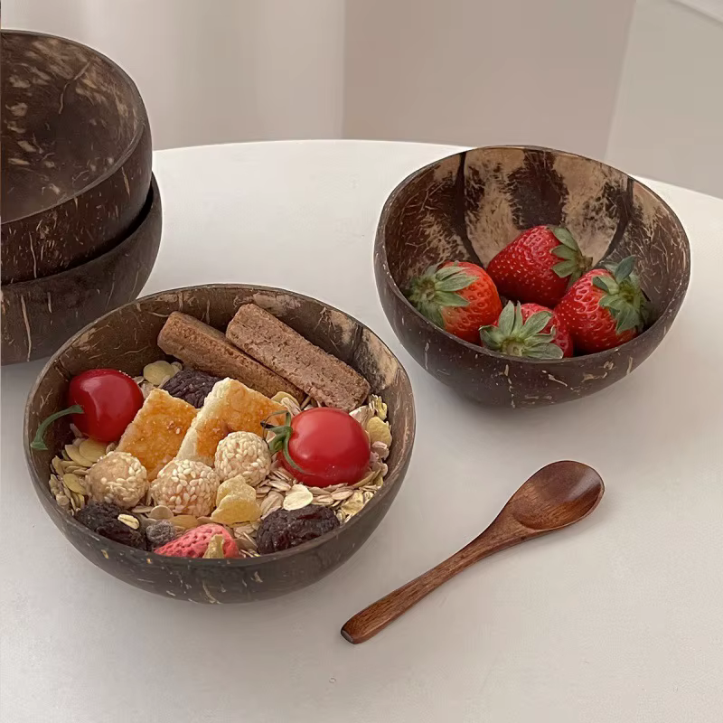 【Peace】Bol en noix de coco naturel, fait à la main, en bois, pour manger, vaisselle, fourchette, cuillère pour dessert, salade de fruits, mélange de riz