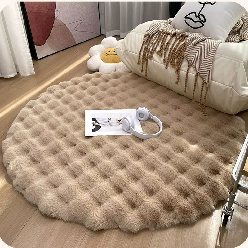 Tapis rond en peluche beige crème