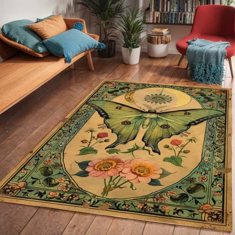 Tapis rétro français plante papillon renard fleur