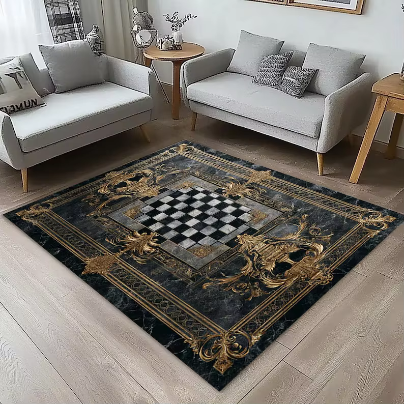 Tapis d'échecs avec motif imprimé aux couleurs vives, lavable et antidérapant, cadeau pour les amateurs d'échecs, tapis de décoration pour la maison