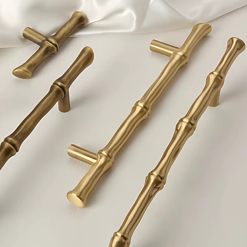Poignée de meuble en forme de bambou en bronze nordique, en laiton massif, pour armoire de cuisine, poignée en T pour armoire, boutons vintage pour chambre à coucher