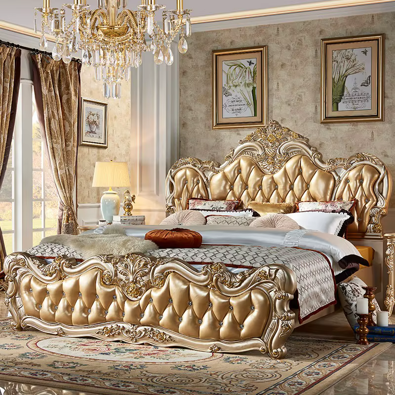 Ensemble de lit double de luxe européen doré, design pour chambre, petit lit double de luxe pour la maison, matelas en bois pour adultes, meubles pour la maison, lit