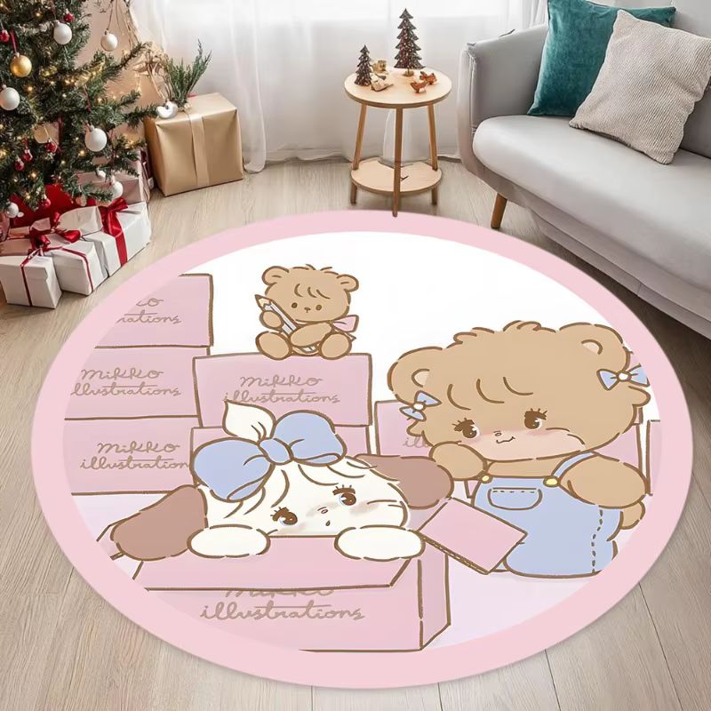 Tapis rond à pois roses avec motif de chat de dessin animé