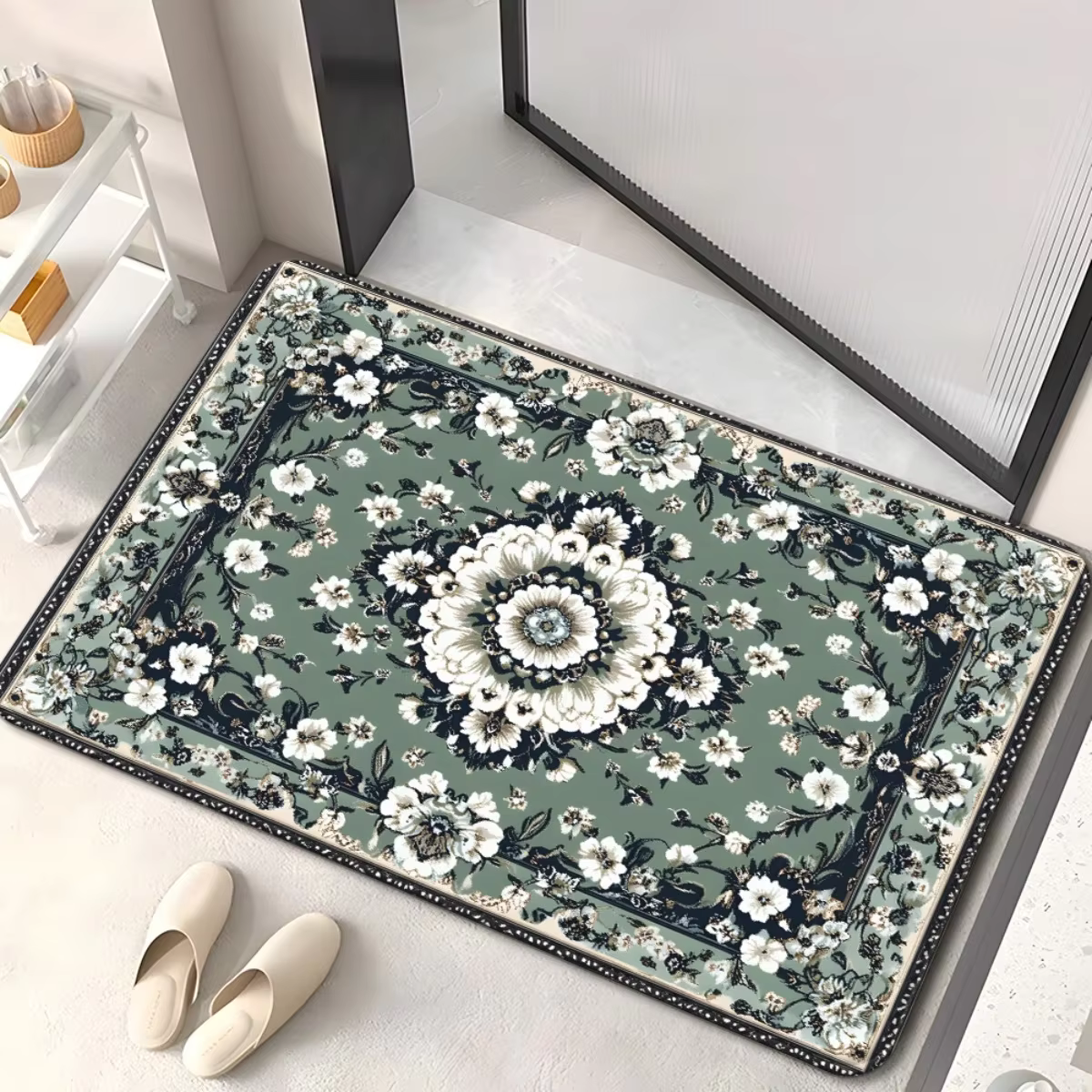 Tapis d'entrée vintage persan bleu et blanc Mandala