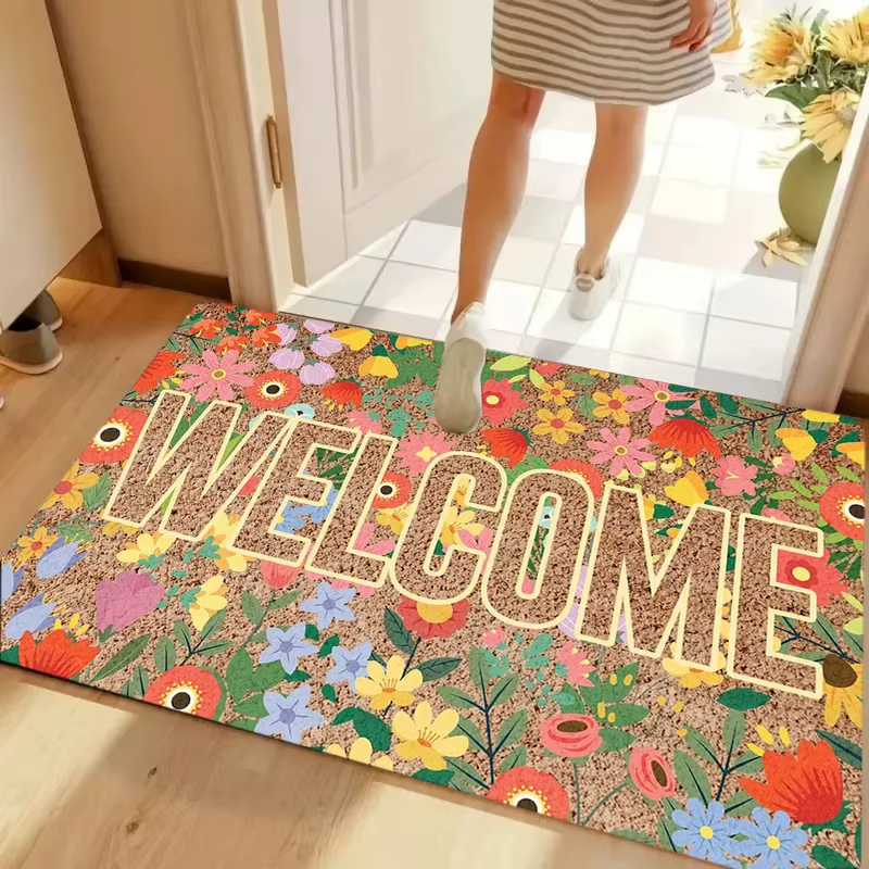 VIKAMA Tapis de bienvenue rétro à motif floral orange en fibre de coco naturelle antidérapant