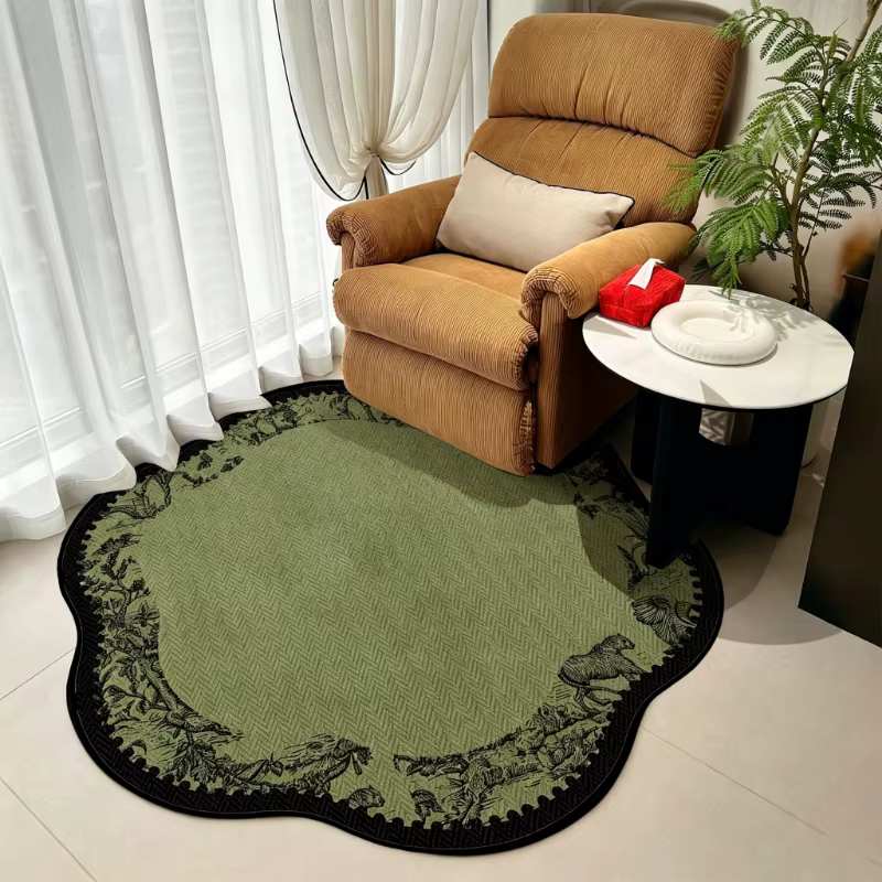 Tapis de salon rond, motif de plantes vertes irrégulières