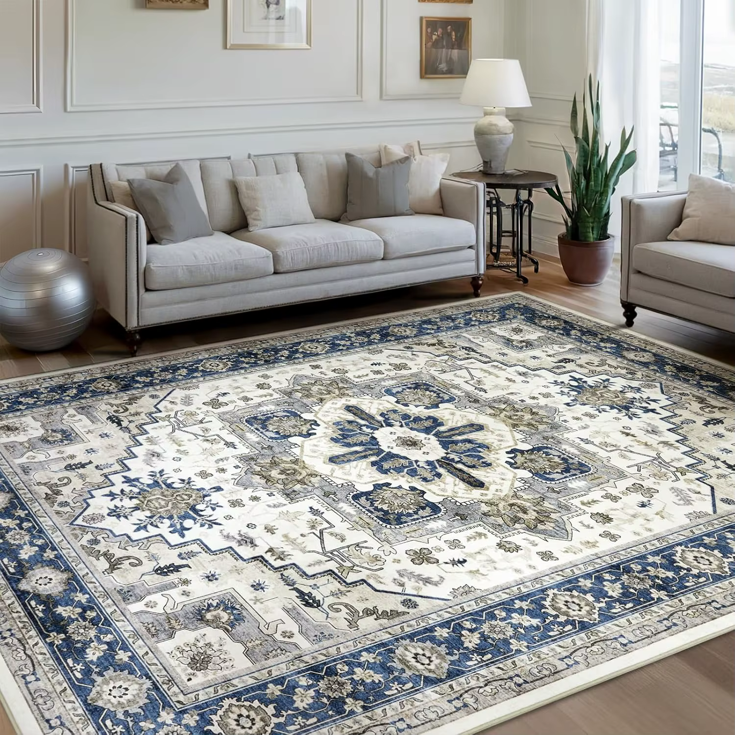 Tapis de sol à motif persan traditionnel, décoration élégante de Style classique, tapis de sol à fleurs géométriques bleues et blanches pour salon
