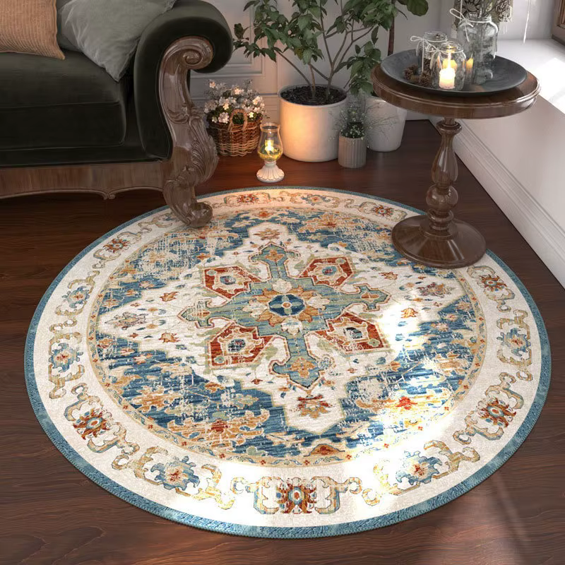 Tapis rond floral marocain, lavable pour salon et salle à manger, tapis de table basse, tapis de jeu pour enfants, tapis d'entrée