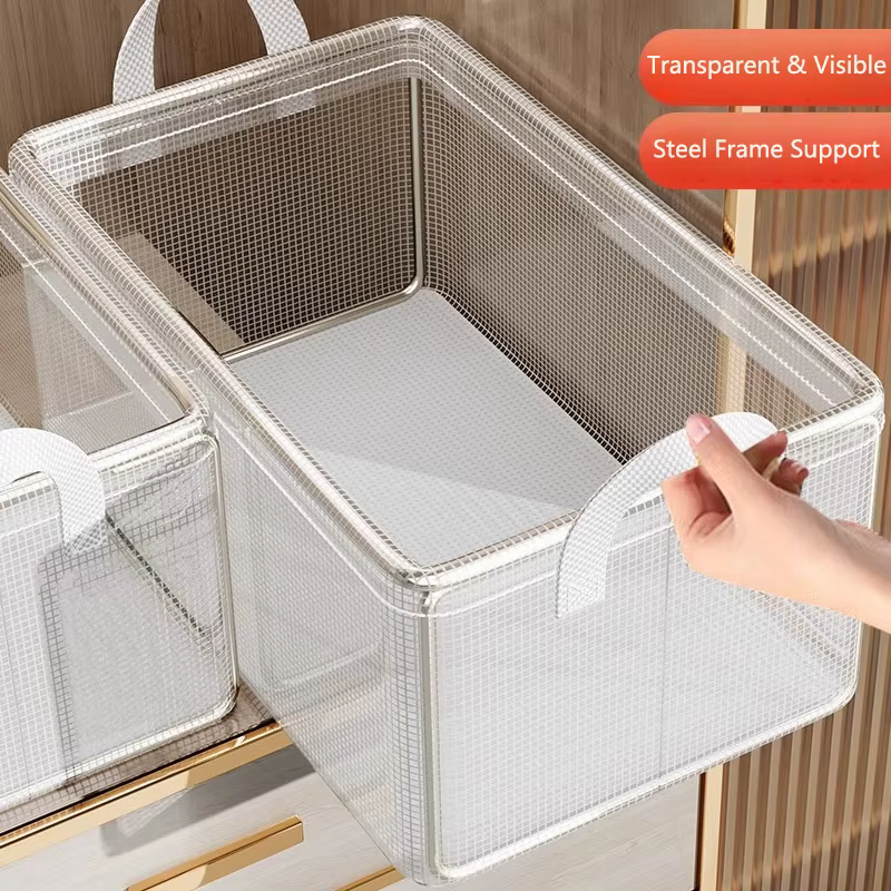 1 boîte de rangement transparente en PVC avec cadre en acier solide, imperméable, panier de rangement pour sous-vêtements, adapté à la maison et aux dortoirs
