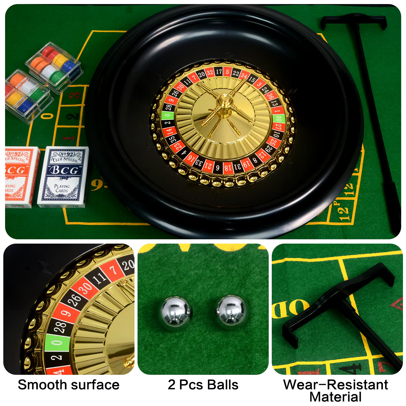 Ensemble de jeu de roulette de casino avec 120 jetons, 2 paires de cartes de poker, tapis de jeu double face, roulette, raclette, roulette