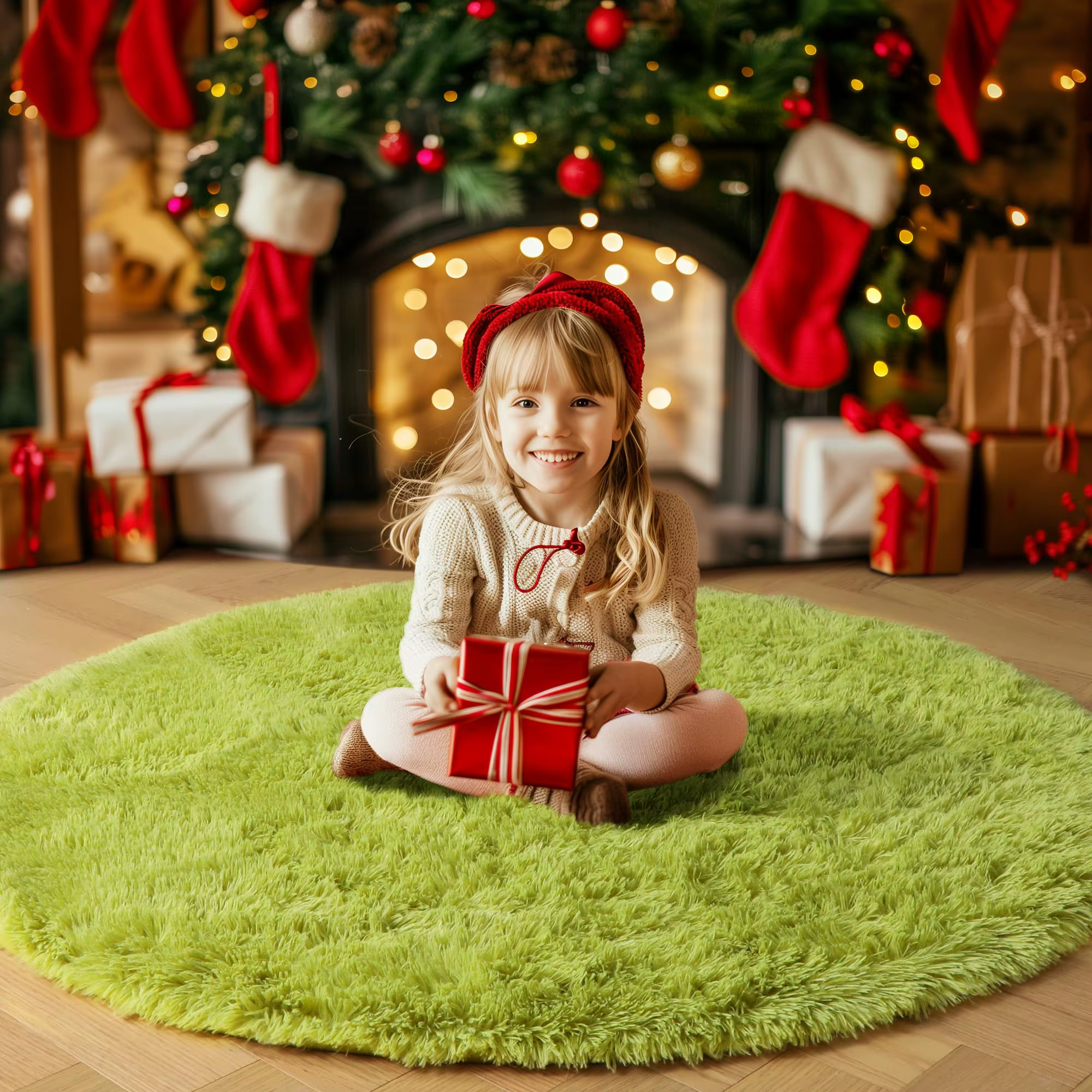 Vikama – tapis rond vert herbe pour chambre à coucher