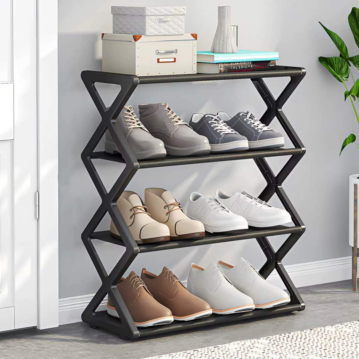 Étagère à chaussures 4 niveaux en X, multifonctionnelle et anti-poussière, idéale pour les dortoirs, les entrées, les couloirs et les chambres