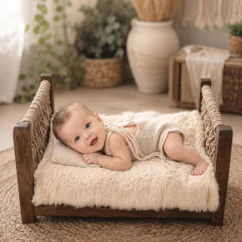 Accessoires de photographie pour nouveau-nés, mini lit en bois, mobilier pour séance photo de bébé, lit détachable en corde tressée style bohème pour la photographie en studio