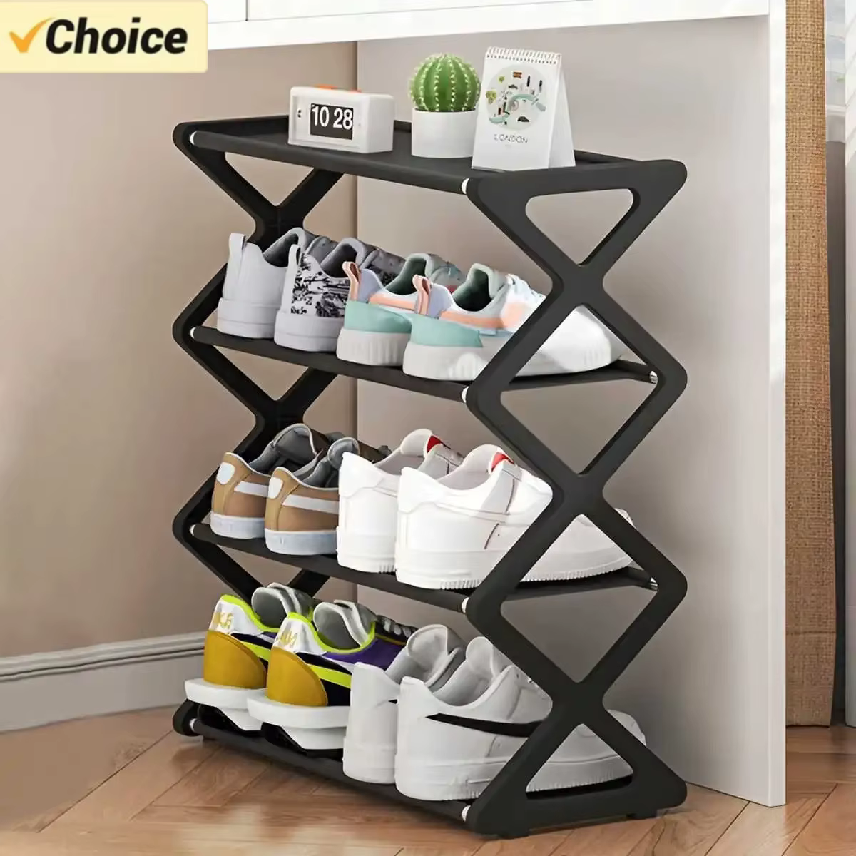 Étagère à chaussures 4 niveaux en X, multifonctionnelle et anti-poussière, idéale pour les dortoirs, les entrées, les couloirs et les chambres