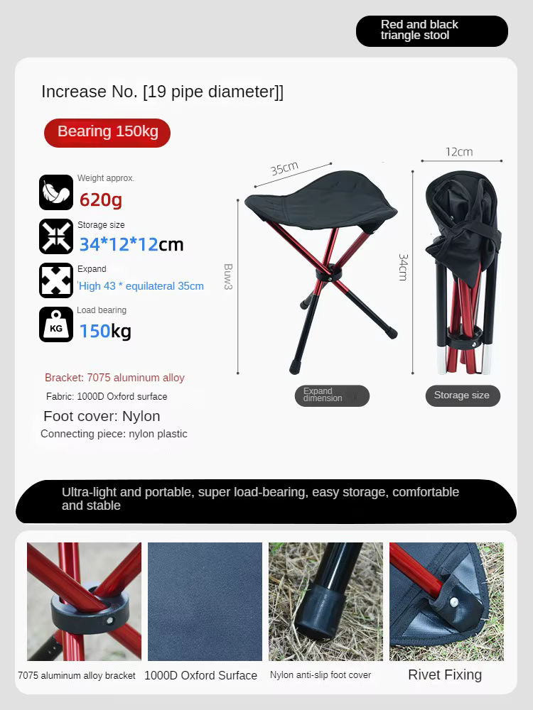 Tabouret pliant triangulaire portatif extérieur d'alliage d'aluminium épais, tabouret de Camping à jambes hautes, chaise d'attache de poney de pêche