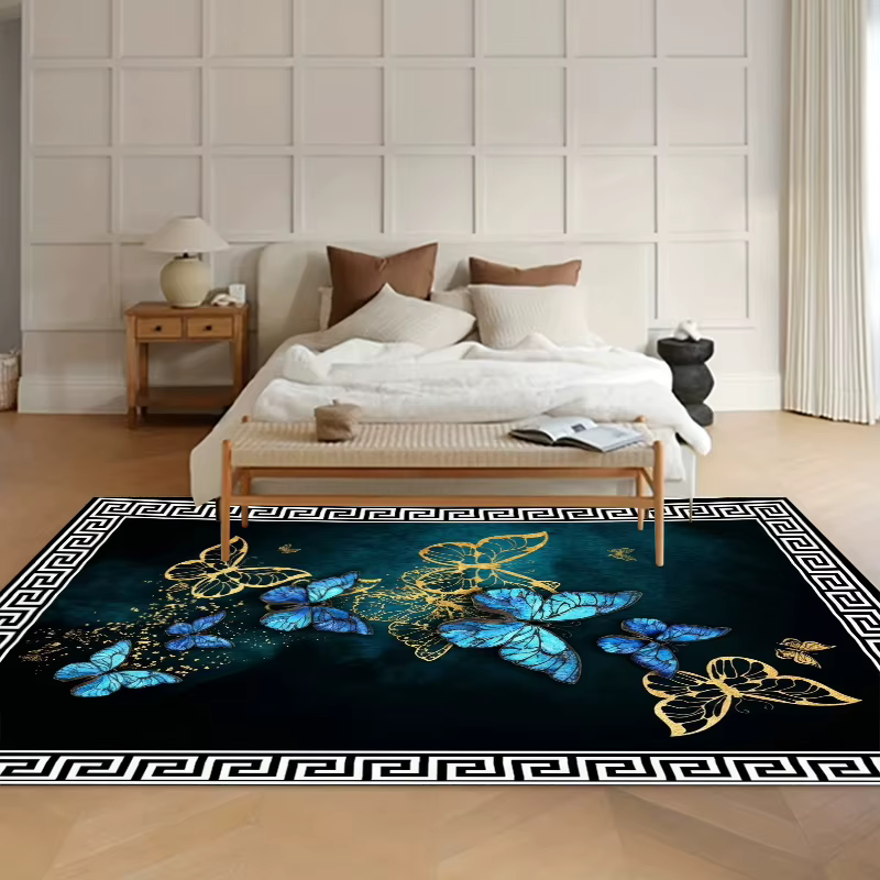 Tapis de salon bleu sarcelle et doré à motifs papillon grecs