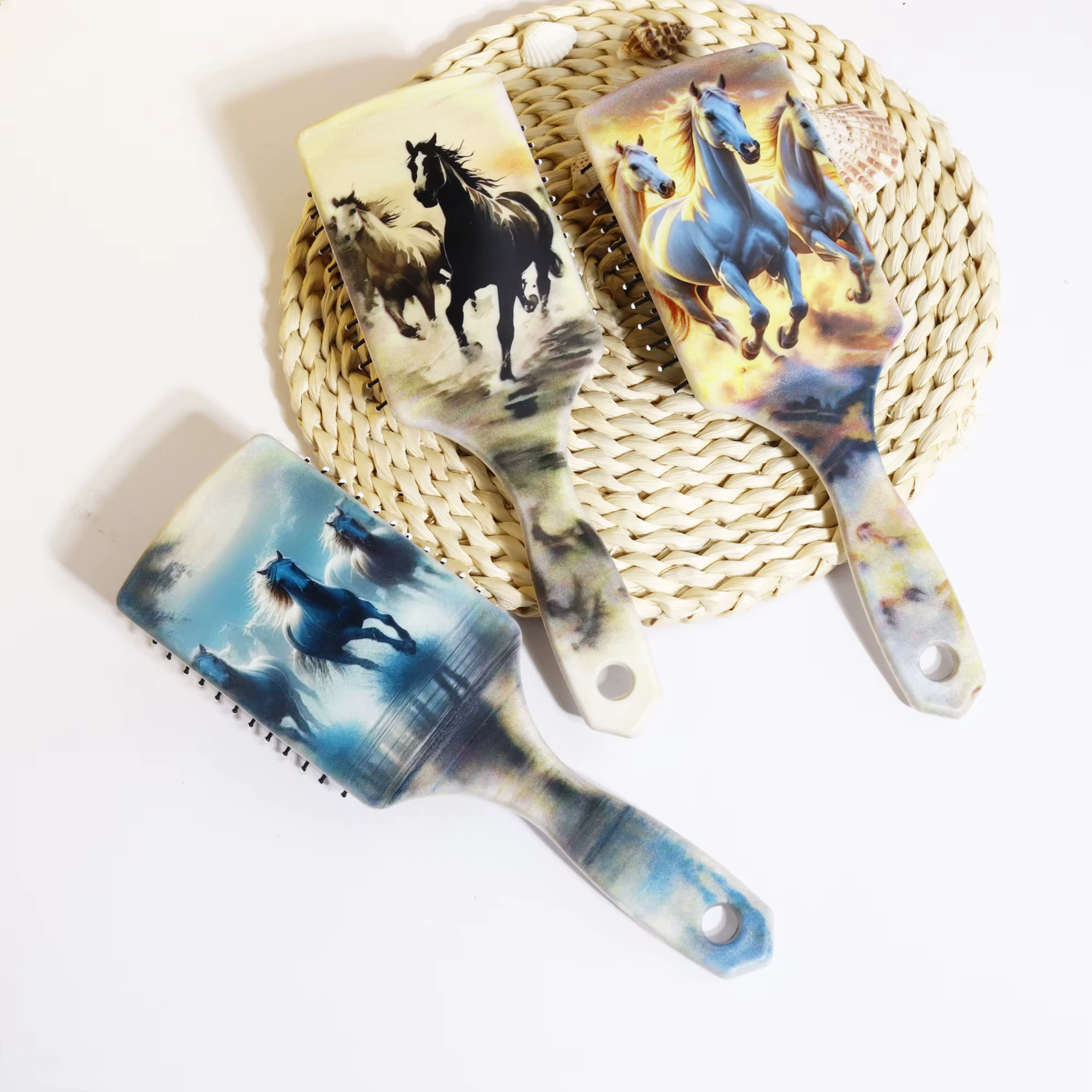 Peigne de massage à coussin d'air imprimé cheval - avec motif de cheval et massage airbag confortable, spécial pour perruques de vrais cheveux
