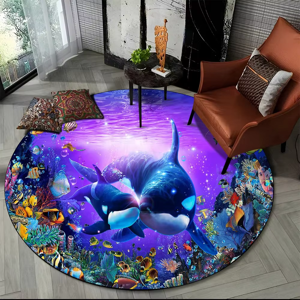 Tapis rond de dessin animé de dauphin du monde sous-marin