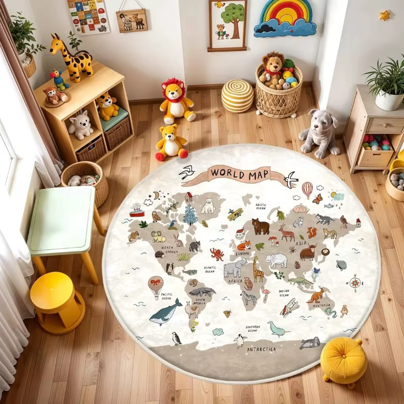 Tapis de sol rond imprimé carte du monde animalier