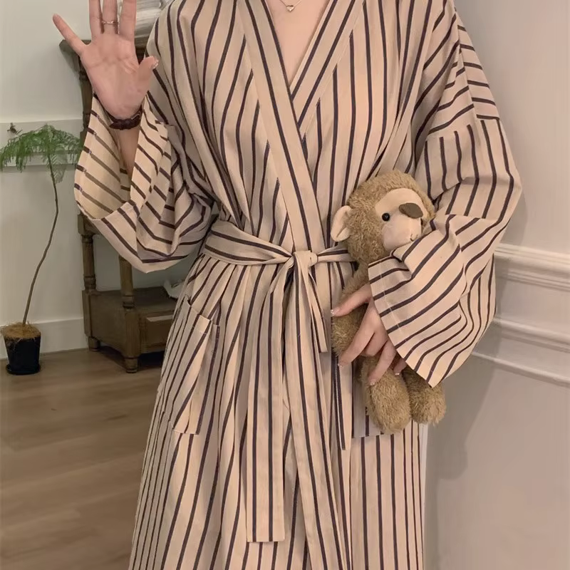 Peignoir pour femme : Robe kimono rayée à manches longues toutes saisons – Pyjama et vêtements de détente amples, décontractés, de style rétro