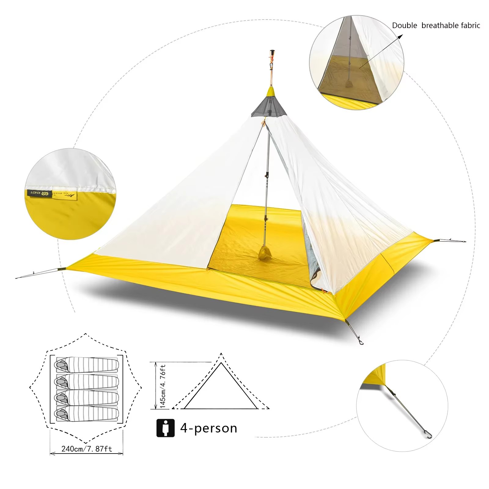 Tente de Camping ultralégère pour 2 à 4 personnes, en Nylon 40D, revêtement en Silicone, pyramide sans tige, grande tente intérieure respirante pour 3 à 4 saisons