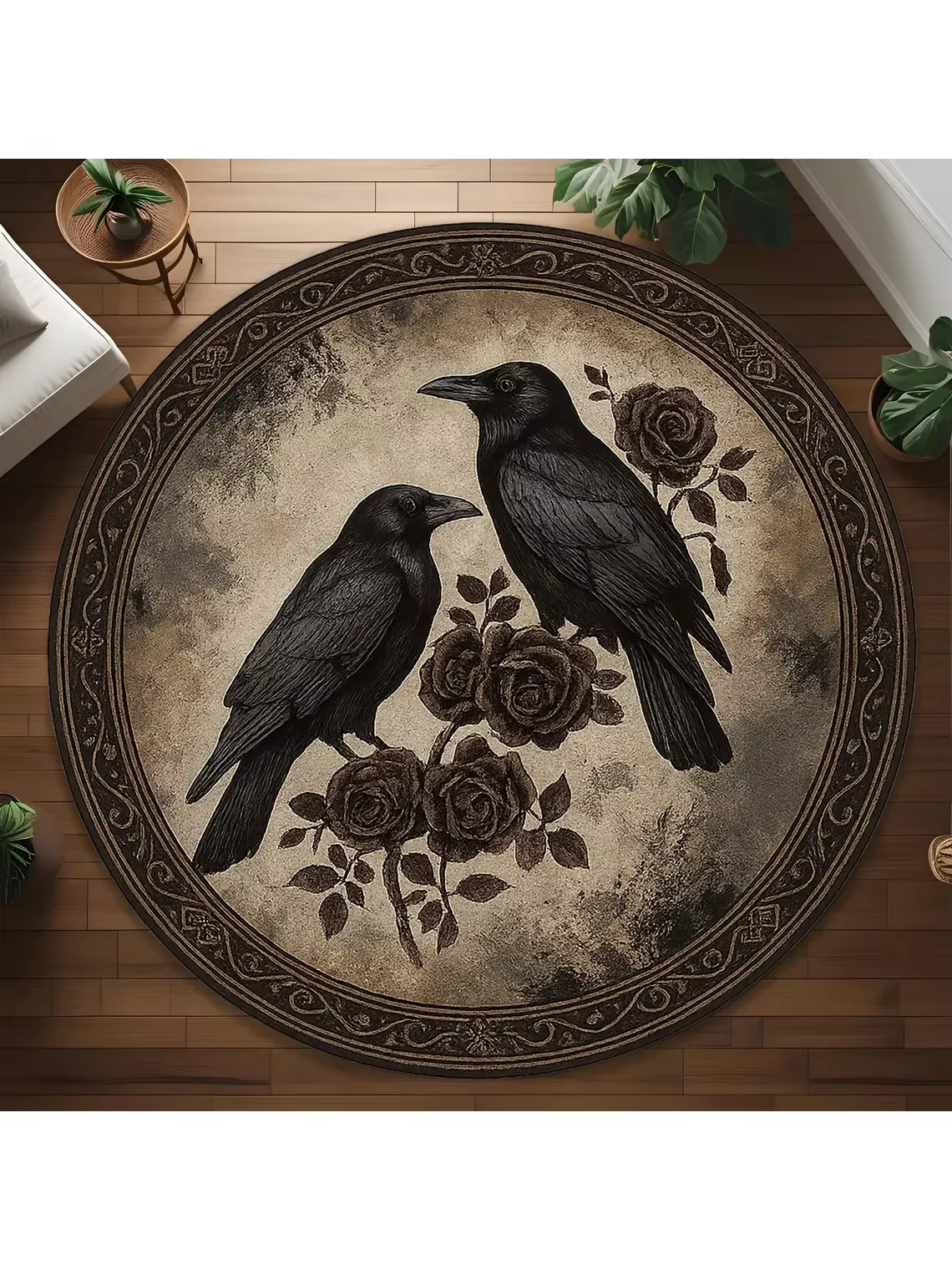 Tapis rond vintage avec motifs de corbeaux et de roses