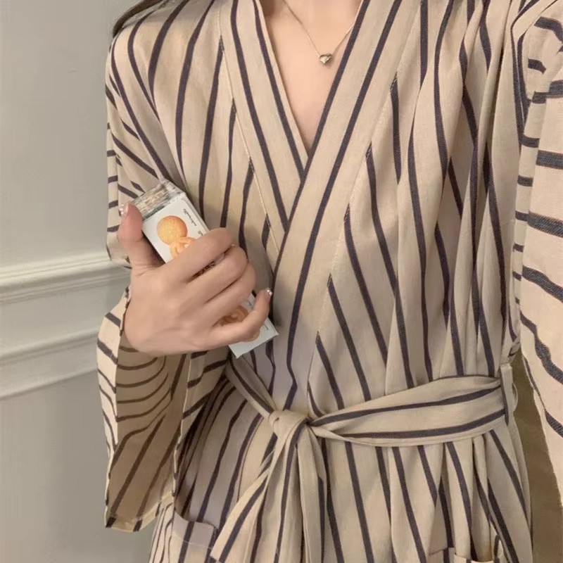 Peignoir pour femme : Robe longue à manches longues rayée style kimono printemps/été – Pyjama et vêtements de détente amples, décontractés, style rétro
