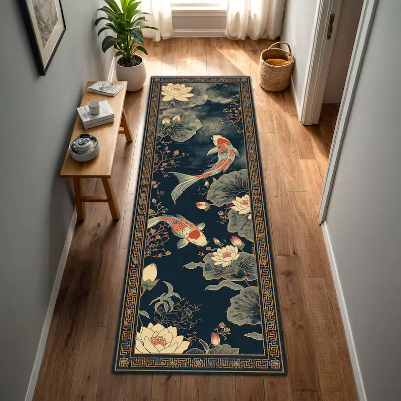 Tapis de sol antidérapant style zen avec motif de poisson Koi traditionnel et fleur de lotus